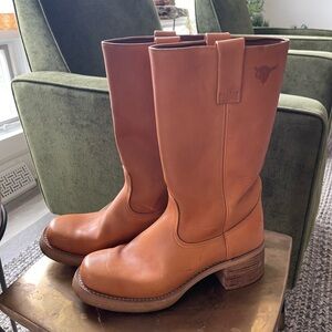 Banana tan platform wood stacked heel boots